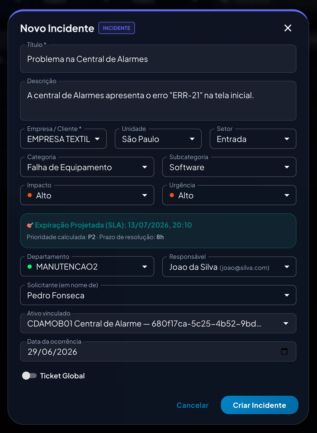 Modal de Novo Incidente com SLA e ativo vinculado
