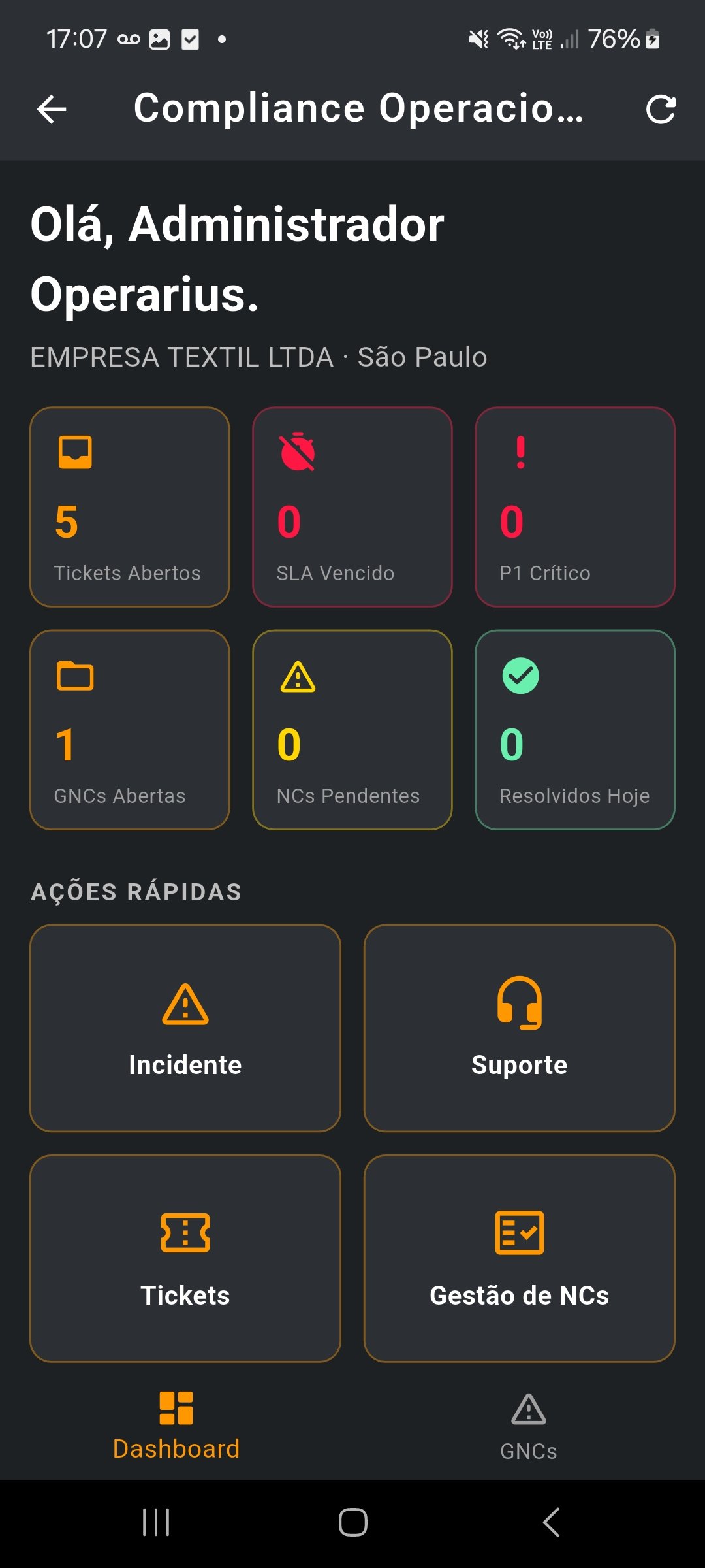 App Sinistria — Dashboard Compliance Operacional